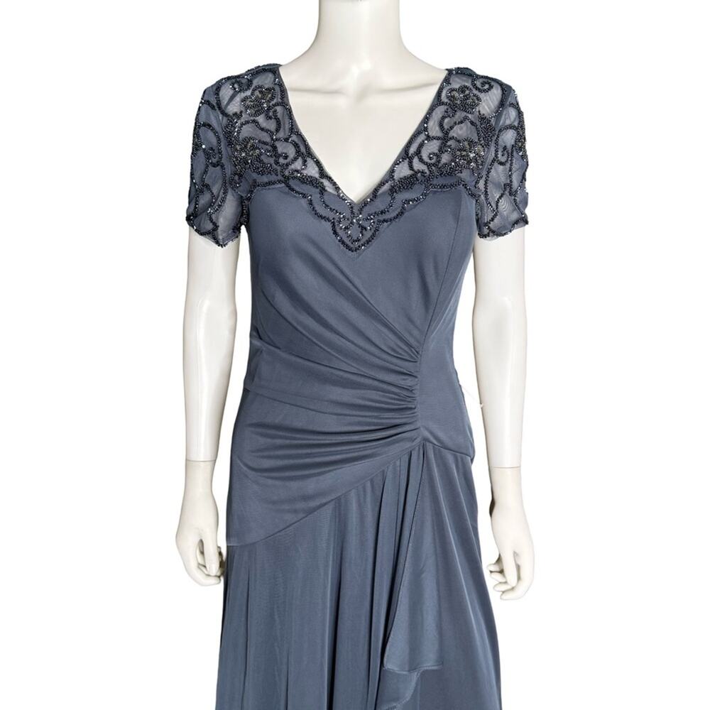 XSCAPE Beaded Illusion-Trim Side-Ruched Gown Charcoal Women’s NWT - Picture 5 of 14